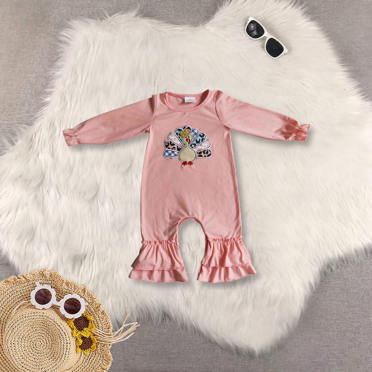 RTS Sibling baby girls clothes Embroidery thanksgiving turkey long Sleeve pants sets and rompers