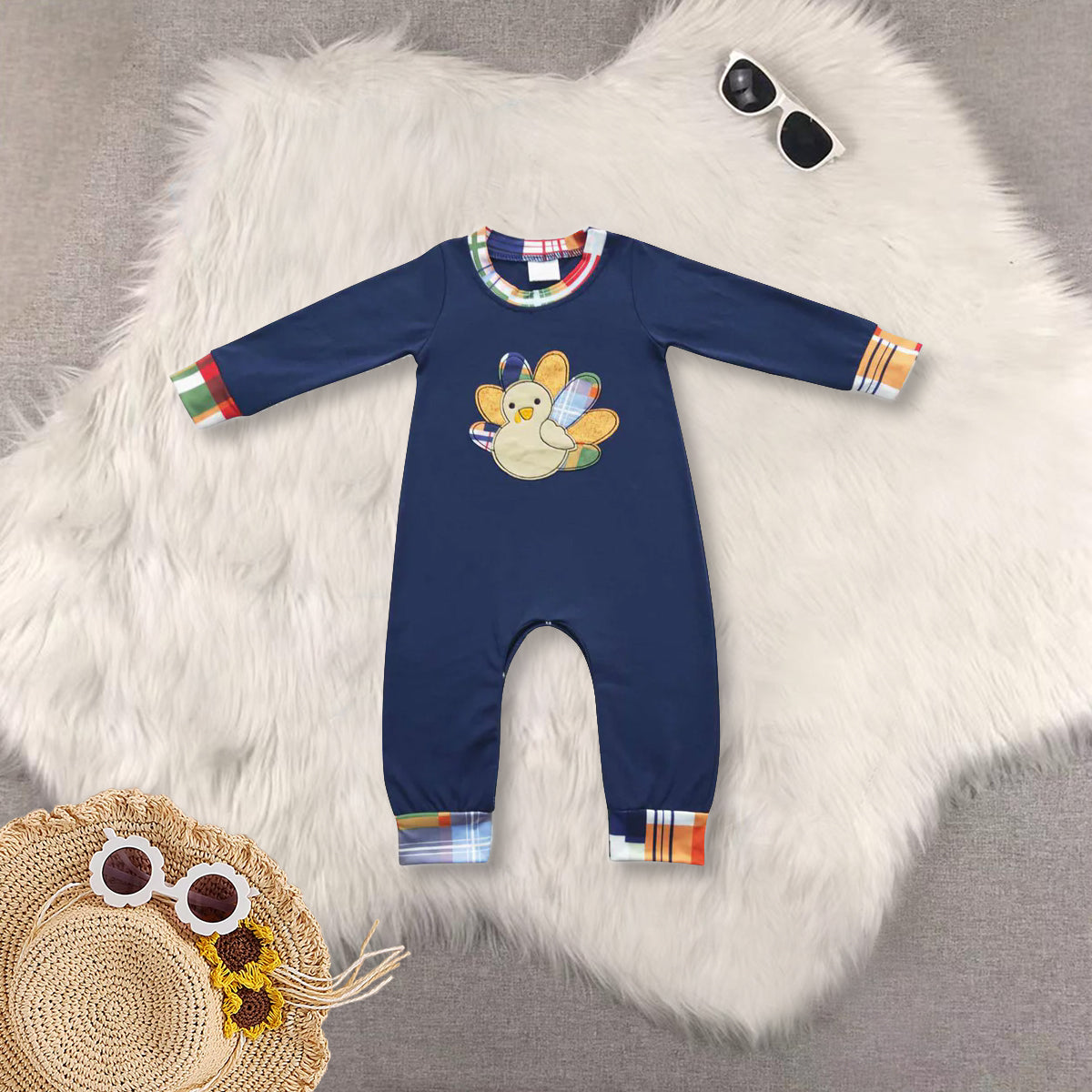 RTS NO MOQ Sibling Baby girls clothes Embroidery thanksgiving turkey long-sleeved trousers suit & rompers