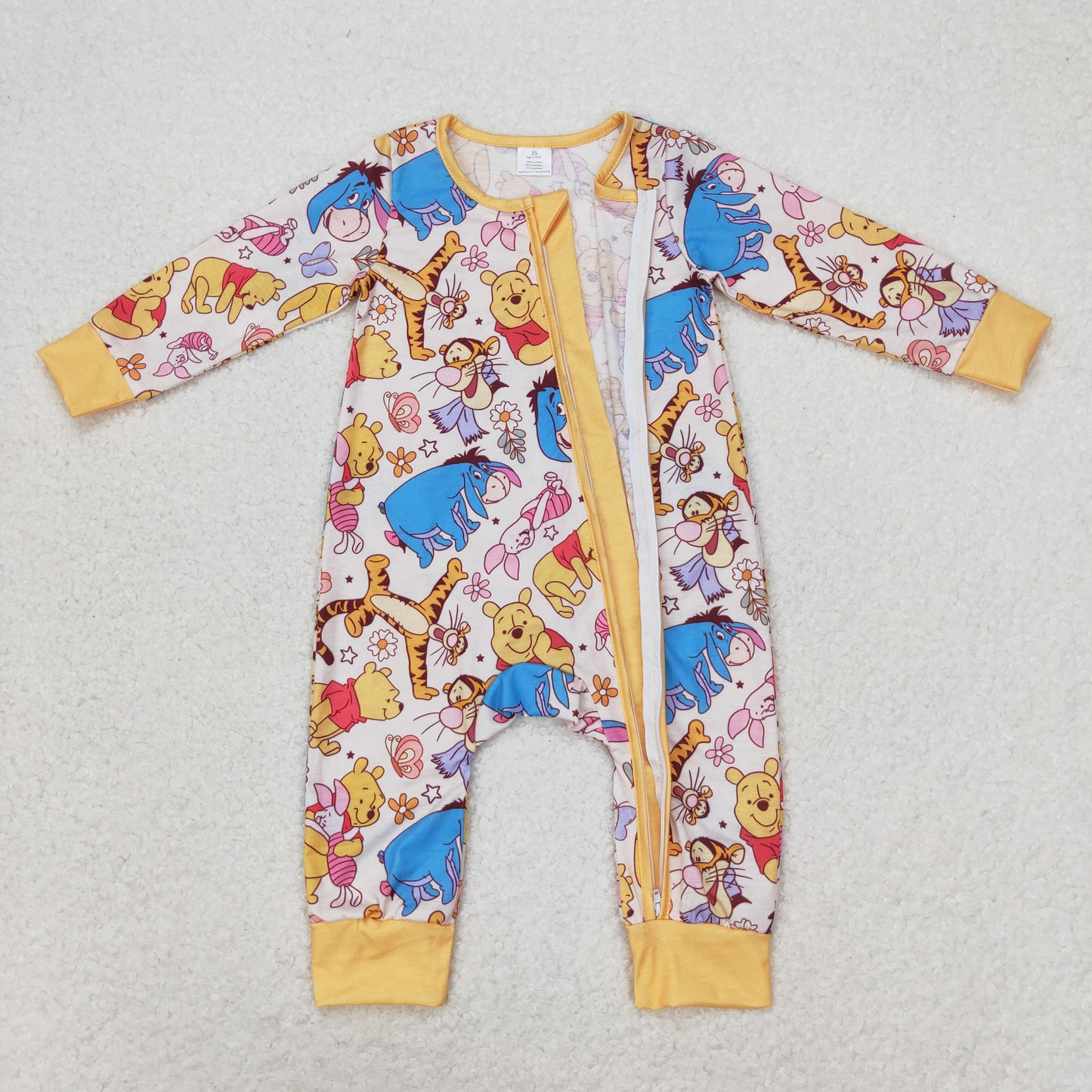 RTS NO MOQ(In Stock) LR0971 Modal cartoon Winnie the Pooh flower orange zipper long-sleeved jumpsuit