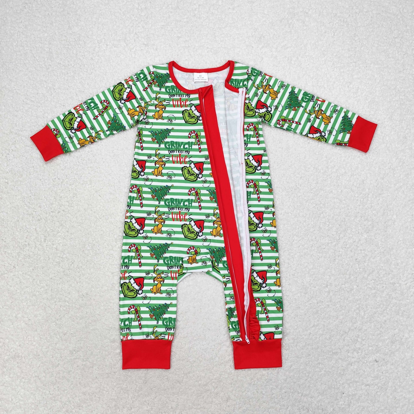 RTS NO MOQ(In Stock ) LR1054 Grinch puppy Christmas tree green stripes red lace zipper long-sleeved jumpsuit
