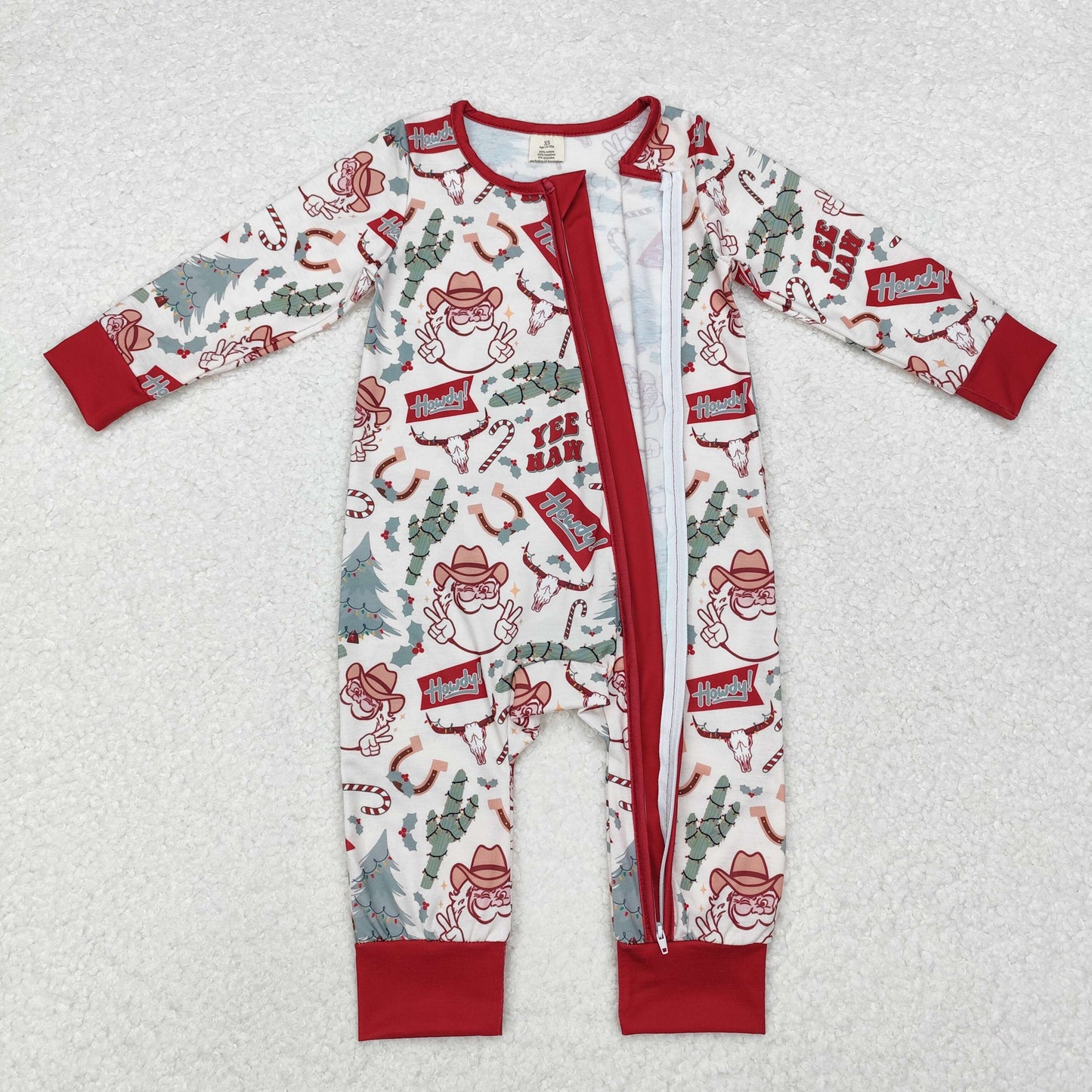 RTS NO MOQ(In Stock) LR1278 Modal Santa Claus cactus cow head beige zipper long sleeve jumpsuit