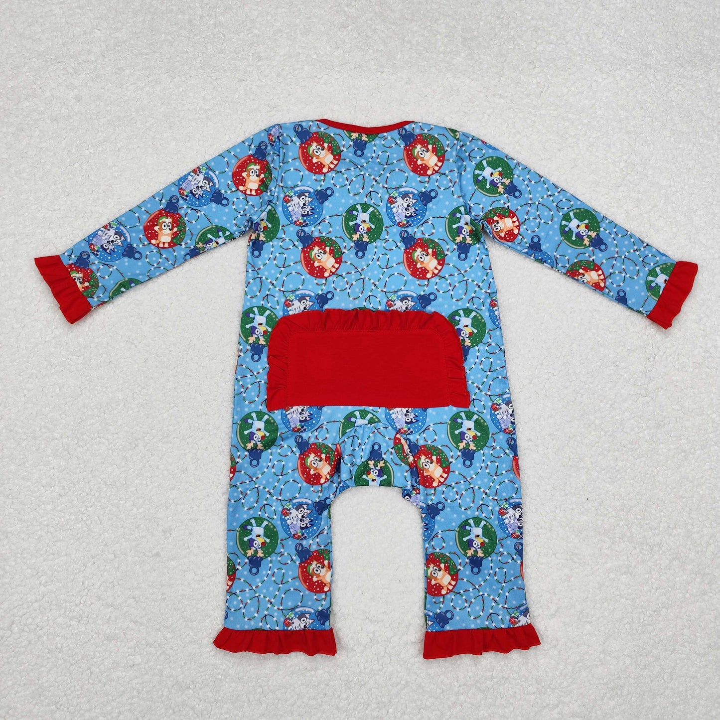 RTS NO MOQ(In Stock) LR1314 bluey Christmas lantern lace red and blue zipper long-sleeved jumpsuit