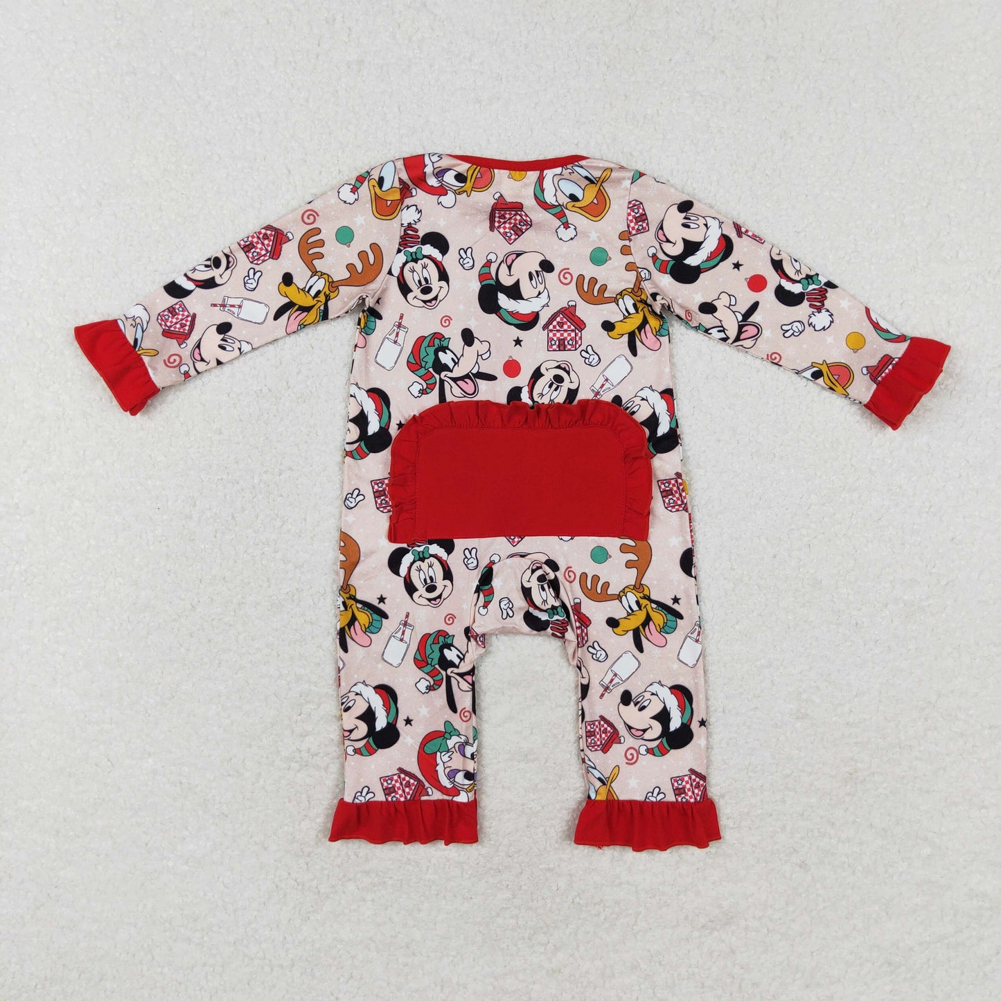 RTS NO MOQ(In Stock ) LR1334 Mickey Donald Duck Christmas red lace zipper long sleeve onesie