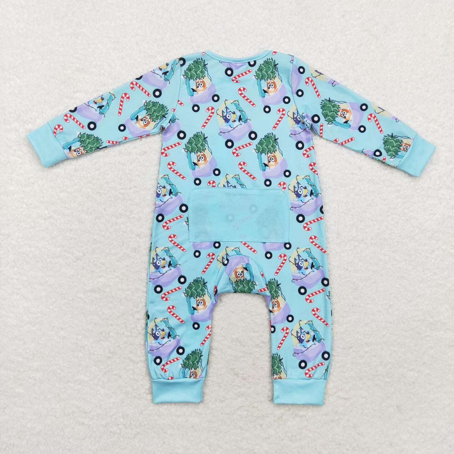 RTS NO MOQ(In Stock) LR1431 bluey modal Christmas tree car cane blue zipper long-sleeved jumpsuit