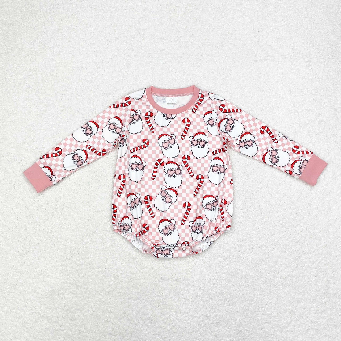 RTS NO MOQ(In Stock) LR1511 Santa Claus cane pink and white plaid long-sleeved jumpsuit