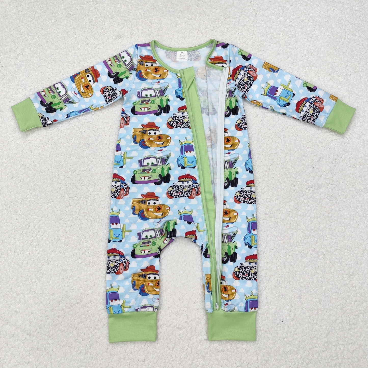 RTS NO MOQ(In Stock) LR1622 Modal Cars Cartoon Car White Cloud Blue Green Zipper Long Sleeve Jumpsuit