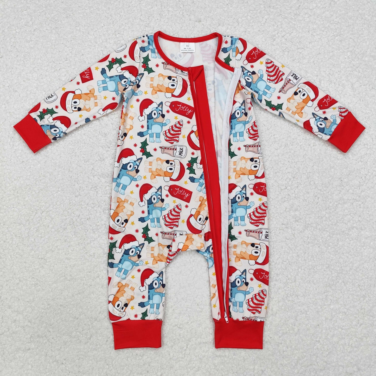 RTS NO MOQ(In Stock ) LR1684 bluey Christmas milk biscuits red and white zipper long-sleeved jumpsuit