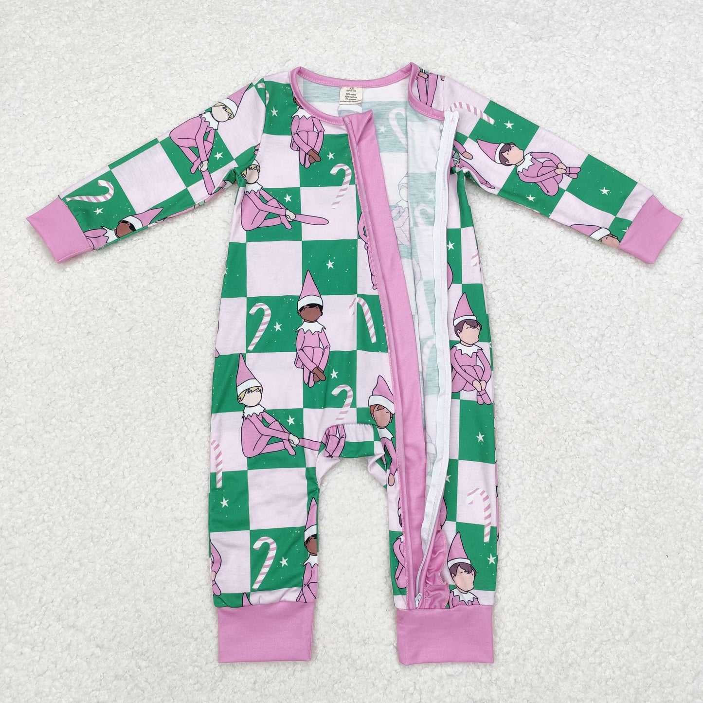 RTS NO MOQ(In Stock) LR1818 Modal Christmas elf cane lace green and pink plaid zipper long-sleeved jumpsuit