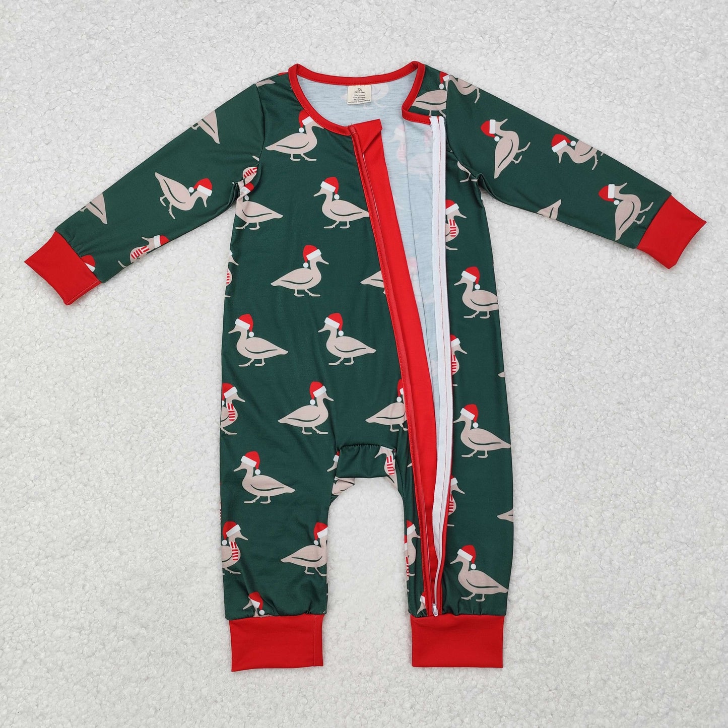 RTS NO MOQ(In Stock) LR1861 Modal Christmas Duck Green Zipper Long Sleeve Bodysuit