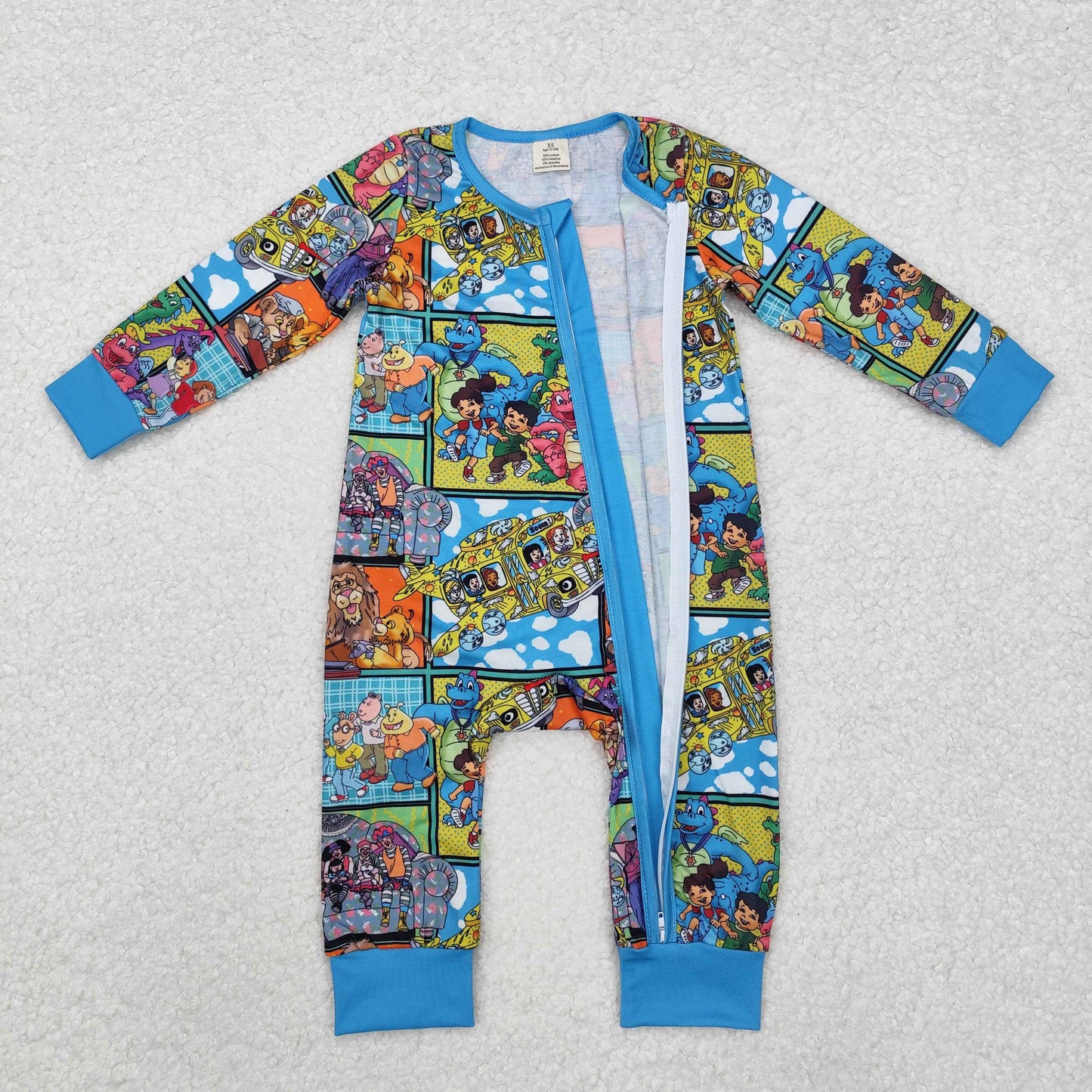RTS NO MOQ(In Stock) Modal cartoon lion dinosaur blue zipper long-sleeved jumpsuit