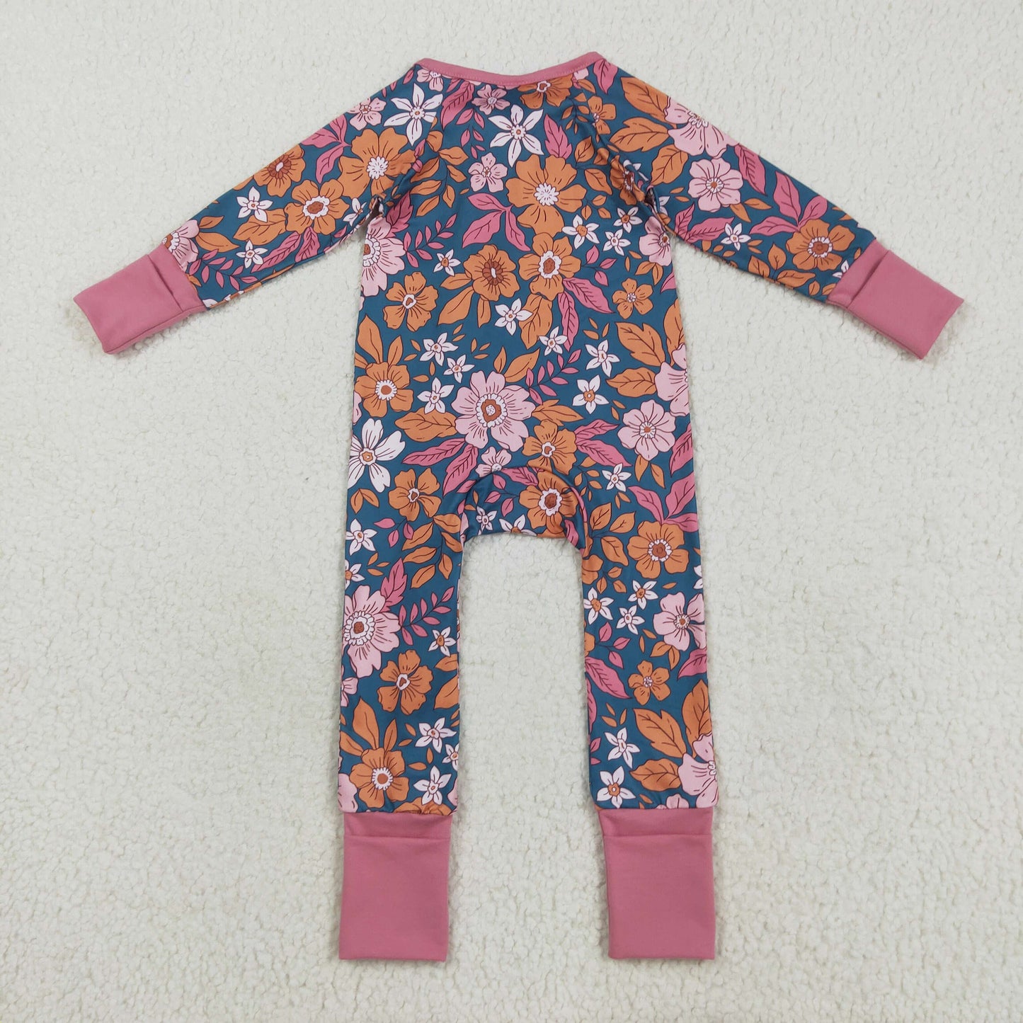RTS NO MOQ(In Stock) LR2244 Pink and green floral and leaf long-sleeved zip-up bodysuit