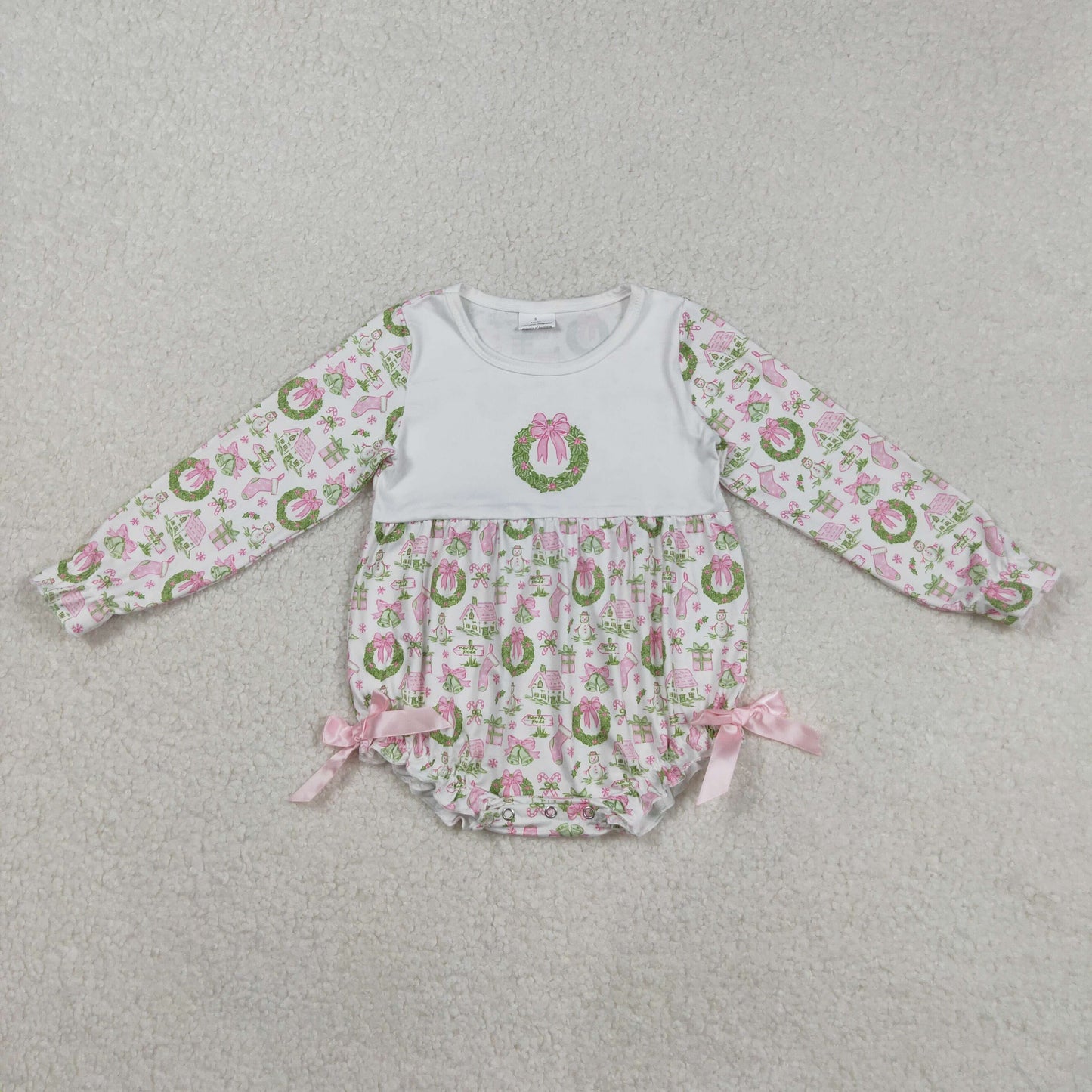 RTS NO MOQ(In Stock) LR2325 White long-sleeved bodysuit with Christmas socks, snowman, and bow garland