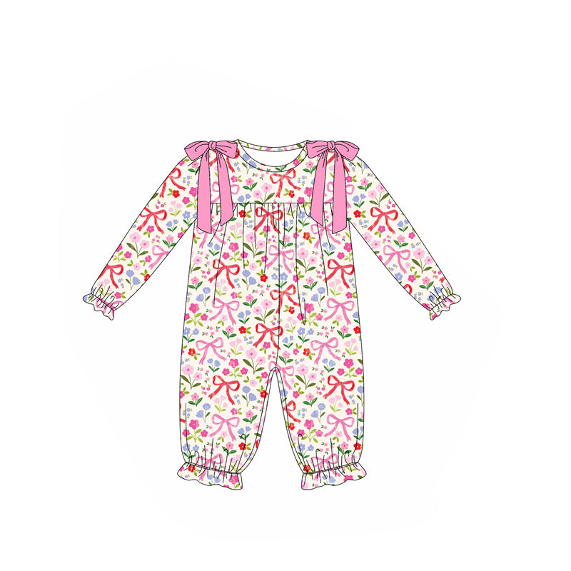 (Pre Order) No moq LR2387 pre-order baby girl clothes bow floral pink long sleeve romper-2025.7.3