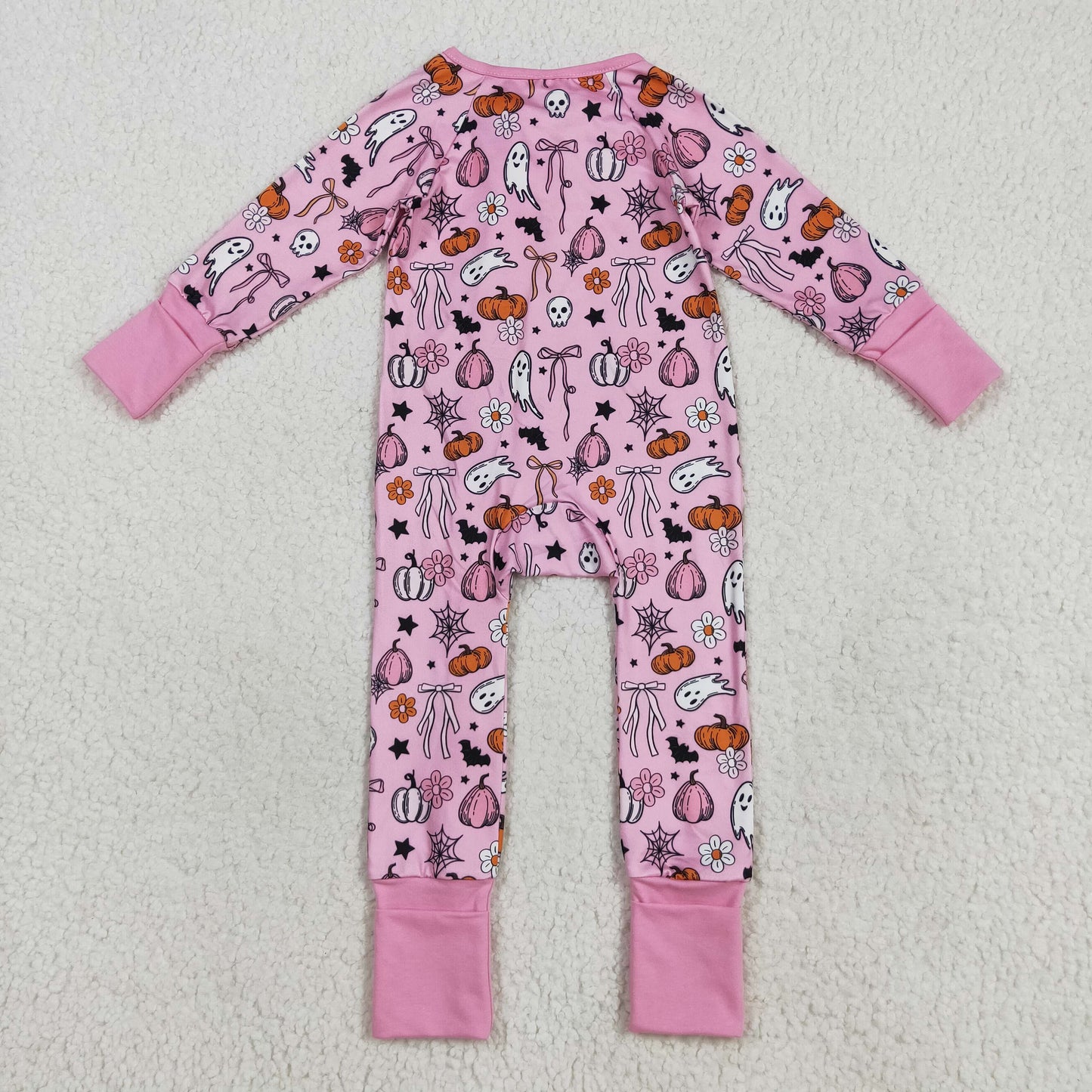 RTS NO MOQ(In Stock) LR2405 Halloween Ghost Pumpkin Bow Pattern Pink Zipper Long-Sleeved Bodysuit
