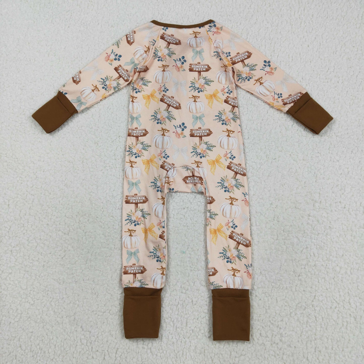 RTS NO MOQ(In Stock) LR2462 Yellow-brown zip-up long-sleeved bodysuit with pumpkin patch and bow pattern