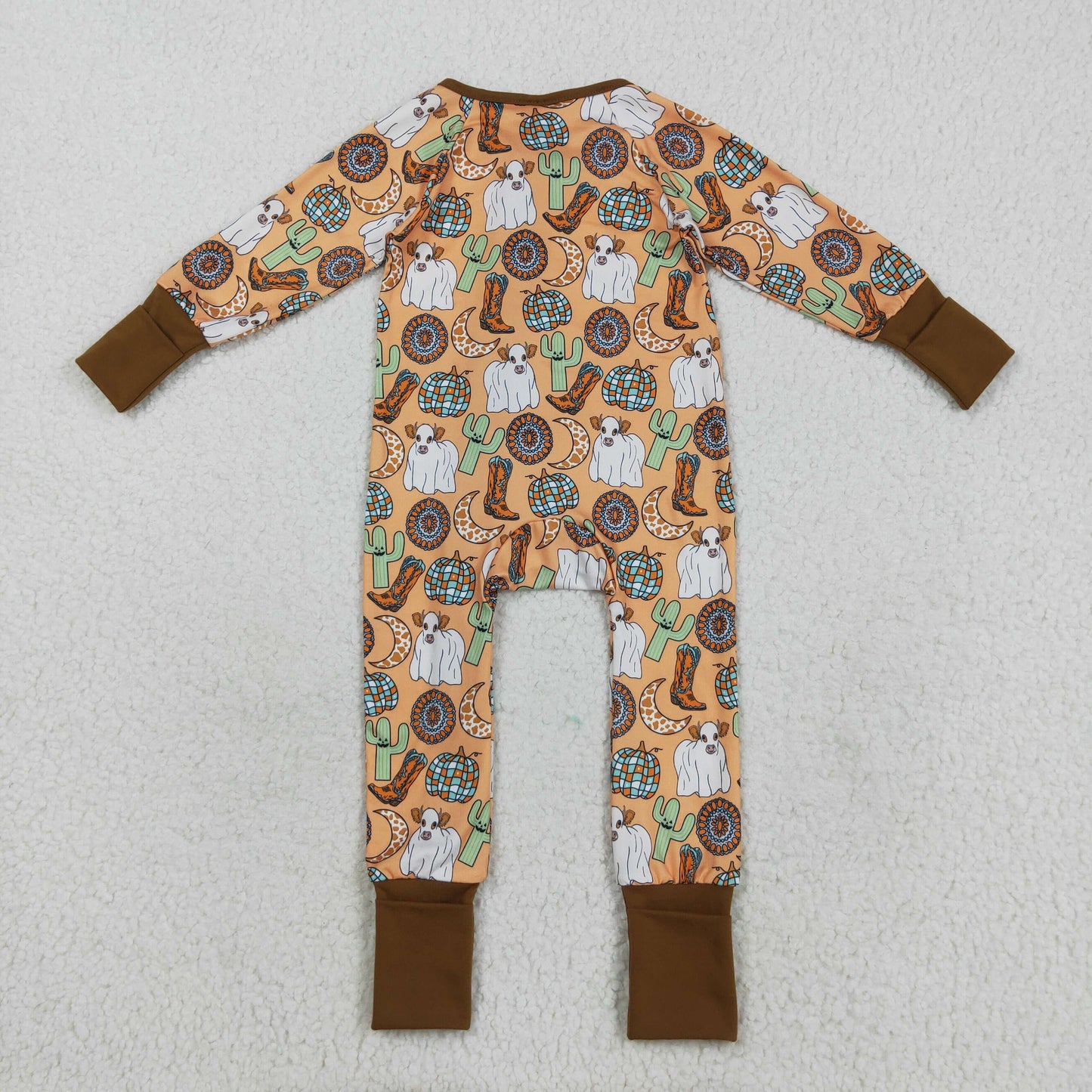 RTS NO MOQ(In Stock) LR2463 Halloween cow cactus boots and moon pumpkin brown zip-up long-sleeved bodysuit
