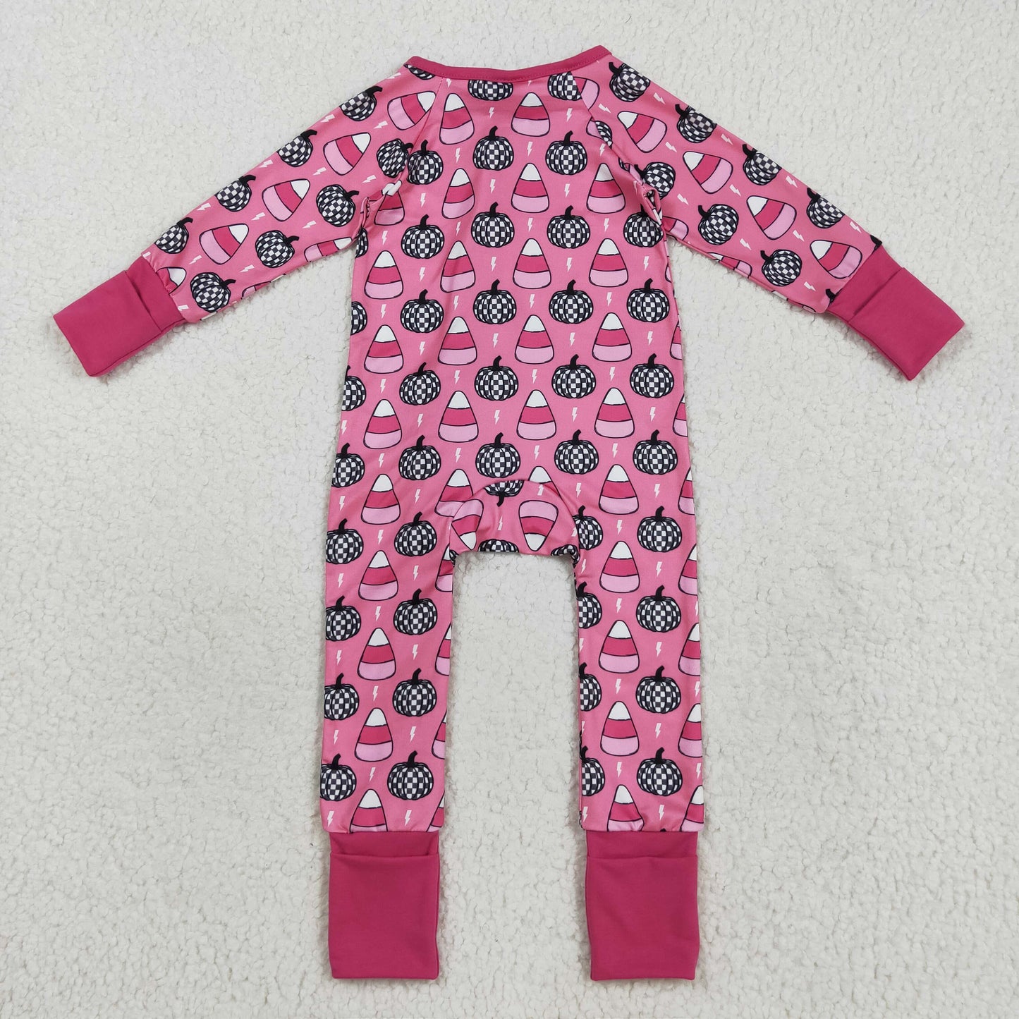 RTS NO MOQ(In Stock) LR2467 Halloween plaid pumpkin candy lightning and rose red zip-up long-sleeved bodysuit