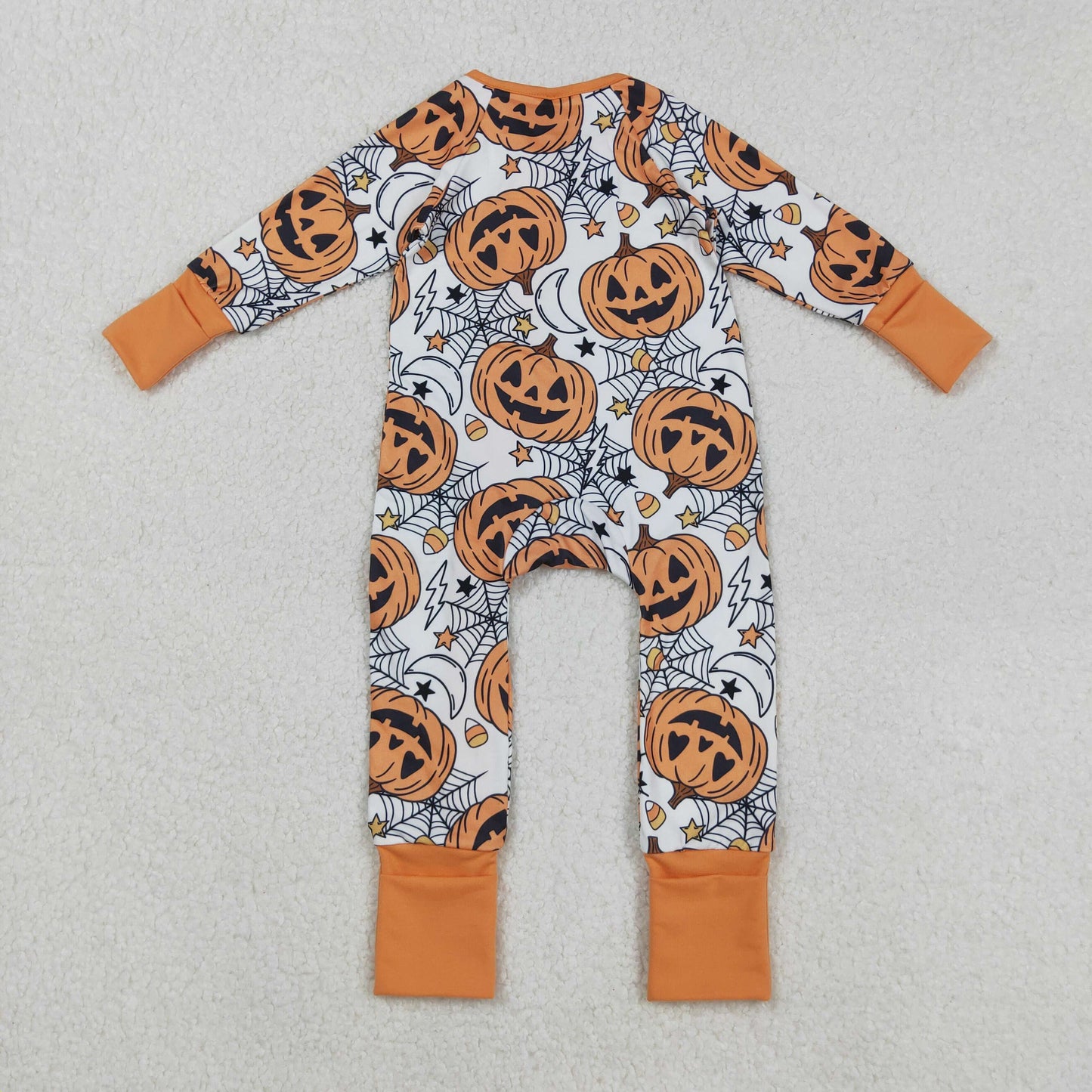 RTS NO MOQ(In Stock) LR2528 Halloween Smiley Pumpkin Star Spiderweb Candy Zippered Long-Sleeved Bodysuit