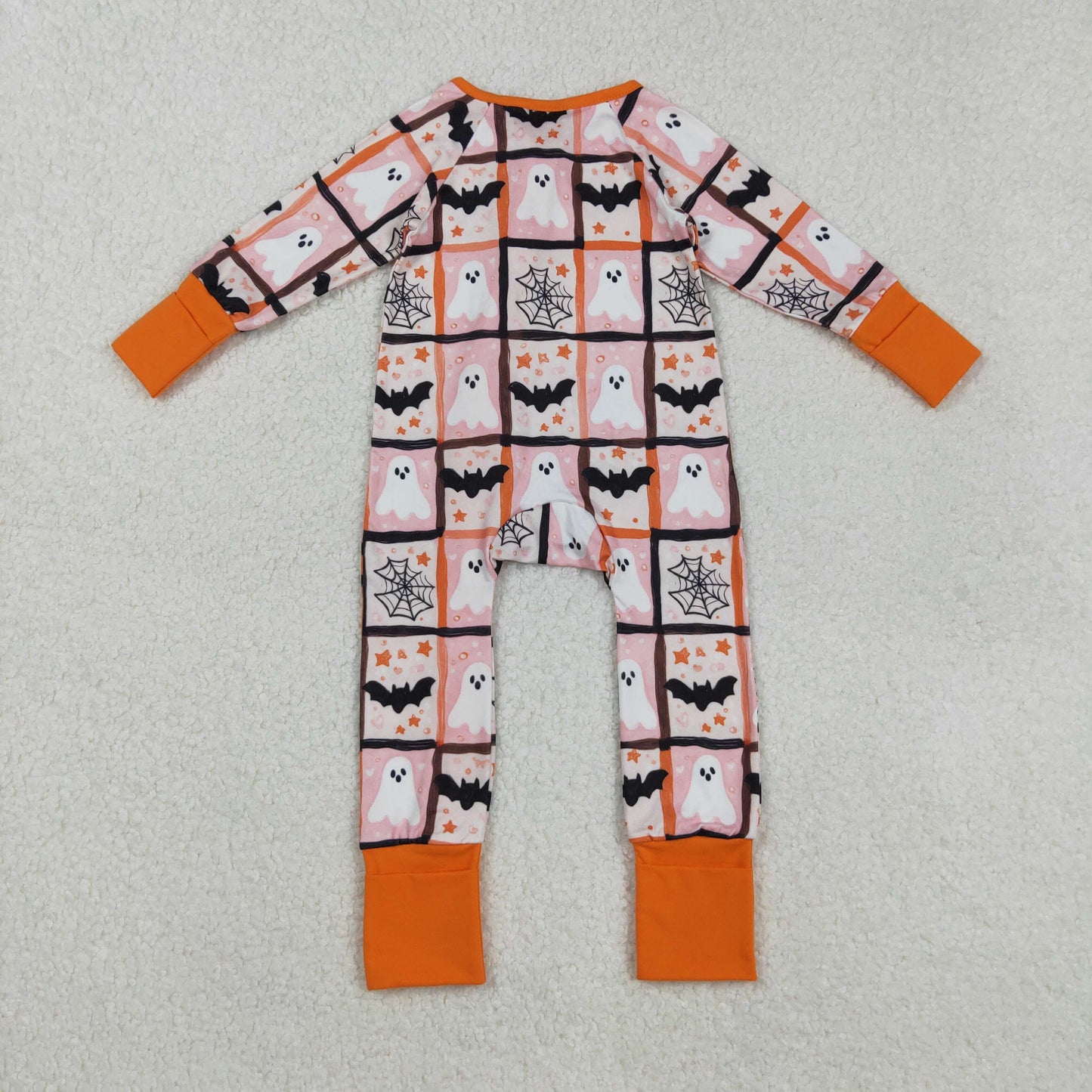 RTS NO MOQ(In Stock) LR2539 Halloween Ghost Bat Spider Mesh Pink and Orange Zipper Long-Sleeved Bodysuit