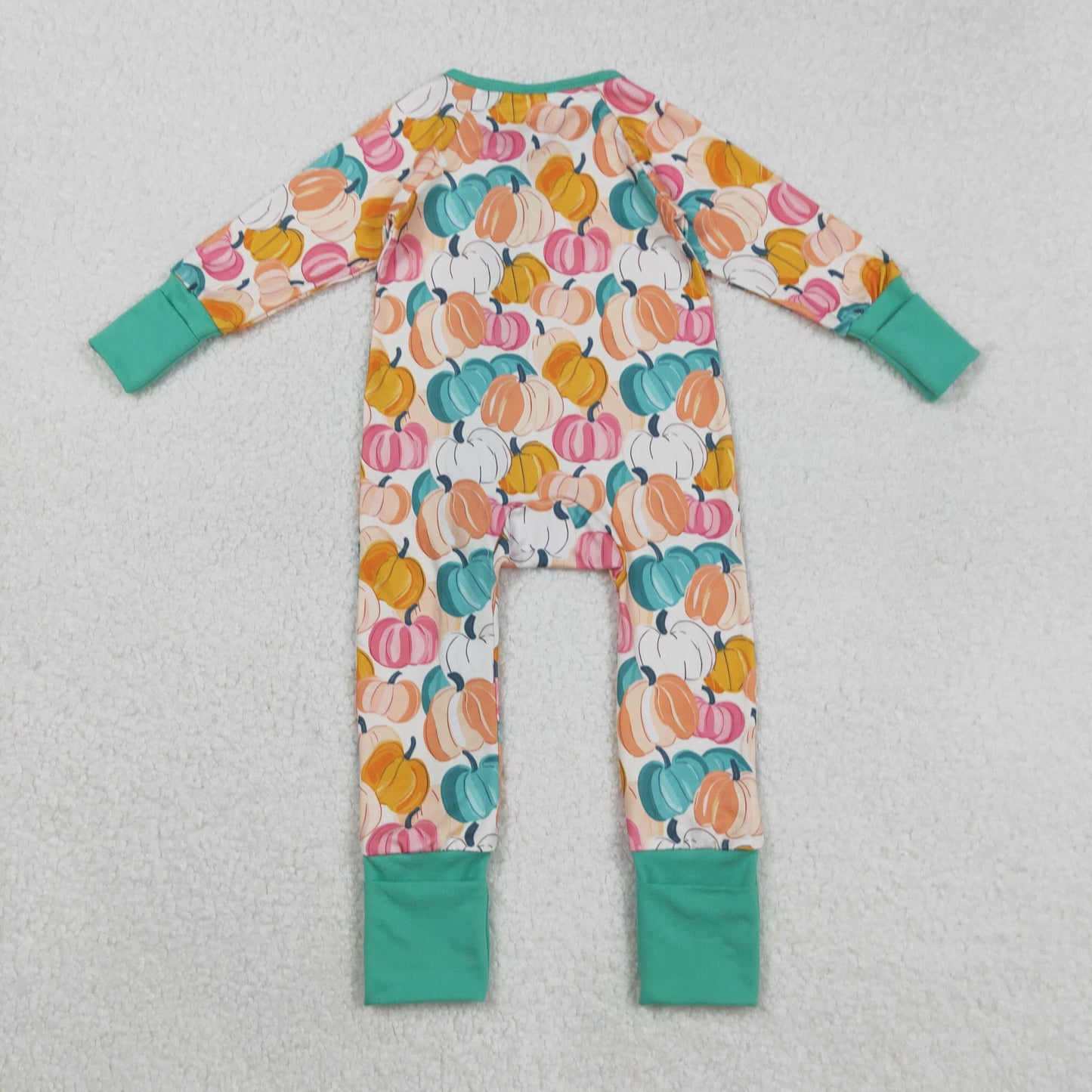 RTS NO MOQ(In Stock) LR2552 Beige long-sleeved zip-up bodysuit with pumpkin pattern