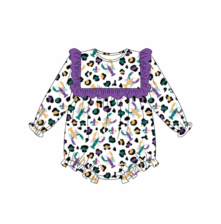 (Pre Order) No moq LR2666 pre-order baby girl clothes mardi gras purple long sleeve romper-2025.9.10