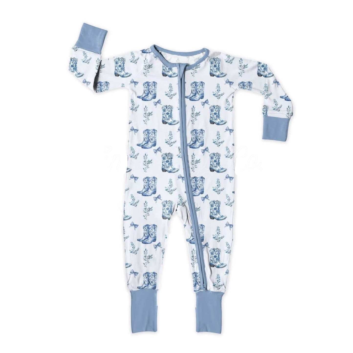 (Pre Order) No moq LR2789 pre-order baby girl clothes boot bow blue long sleeve romper-2025.10.13