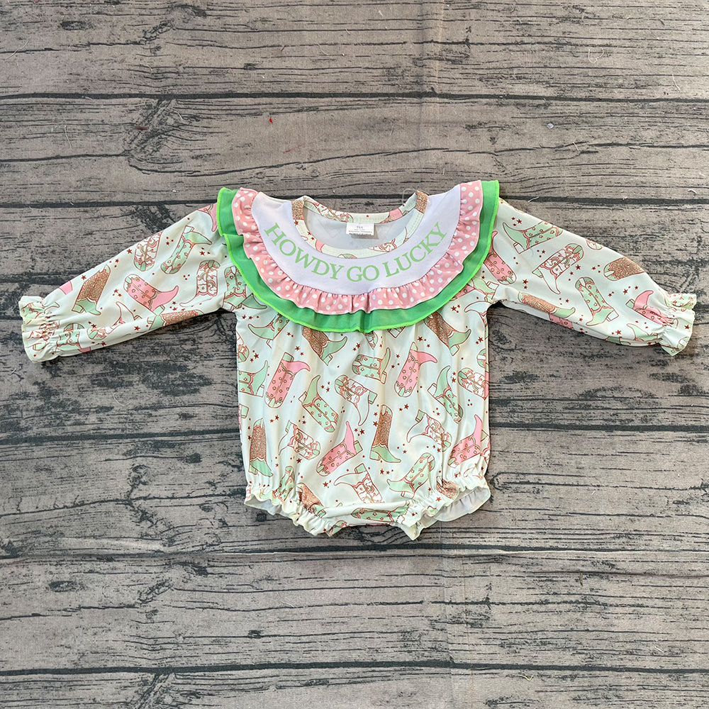 (Pre Order) No moq LR2840 pre-order baby girl clothes embroidery boots long sleeve romper-2025.11.14
