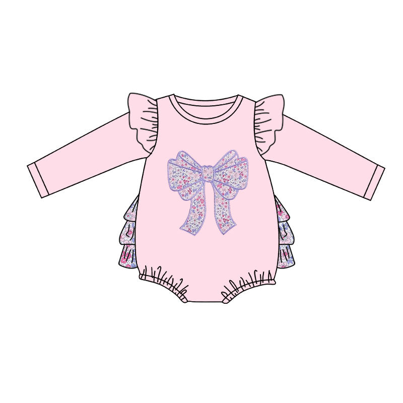 (Pre Order) No moq LR2898 pre-order baby girl clothes bow floral pink long sleeve romper-2025.11.8