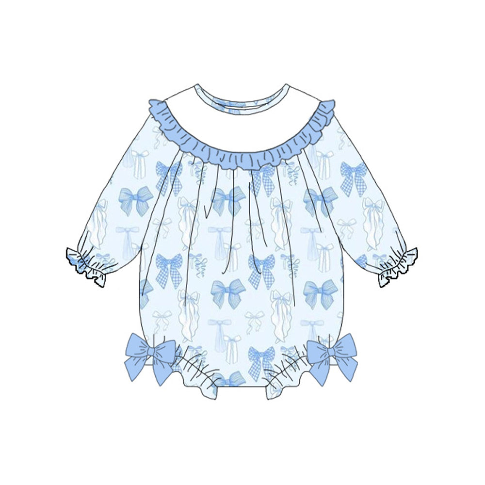 (Pre Order) No moq LR2900 pre-order baby girl clothes bow blue long sleeve romper-2025.11.8