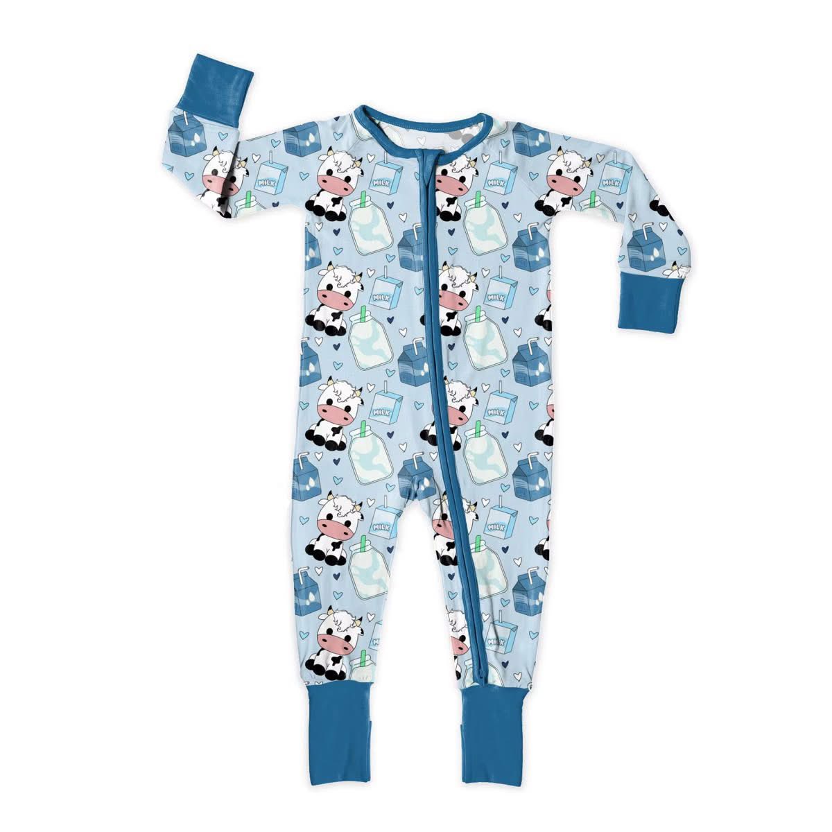 (Pre Order) No moq LR2934 pre-order baby boy clothes milk cow blue long sleeve romper-2025.11.22