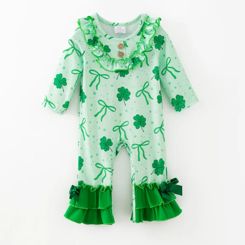 (Pre Order) No moq pre-order baby girl clothes bow green long sleeve romper-2025.12.6
