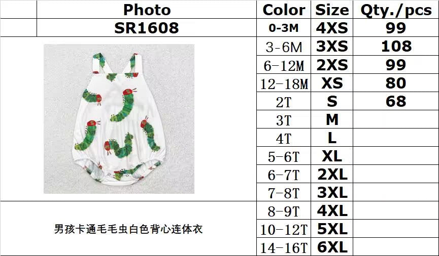 RTS NO MOQ ETA 5/7days arrived SR1608 Boys cartoon caterpillar white vest jumpsuit