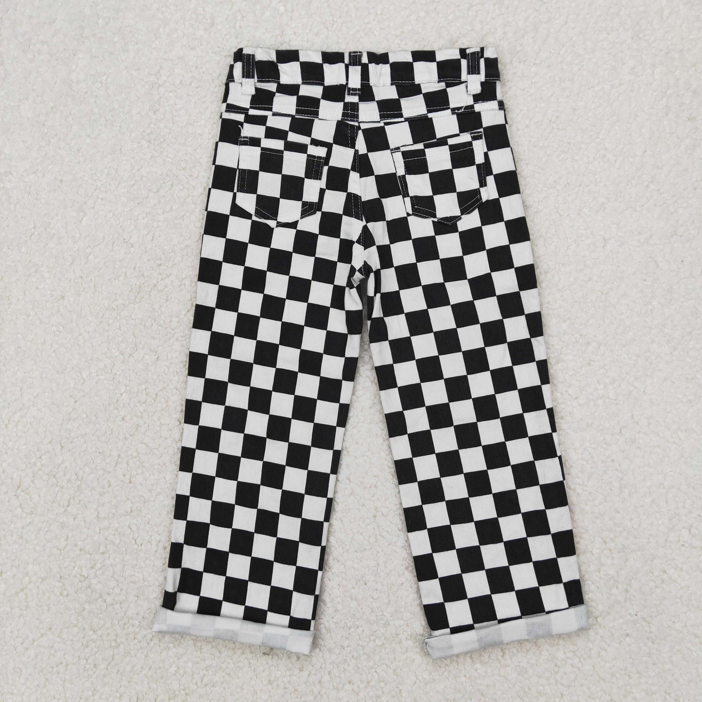 RTS NO MOQ(In Stock) P0122 Black and white plaid ripped denim trousers
