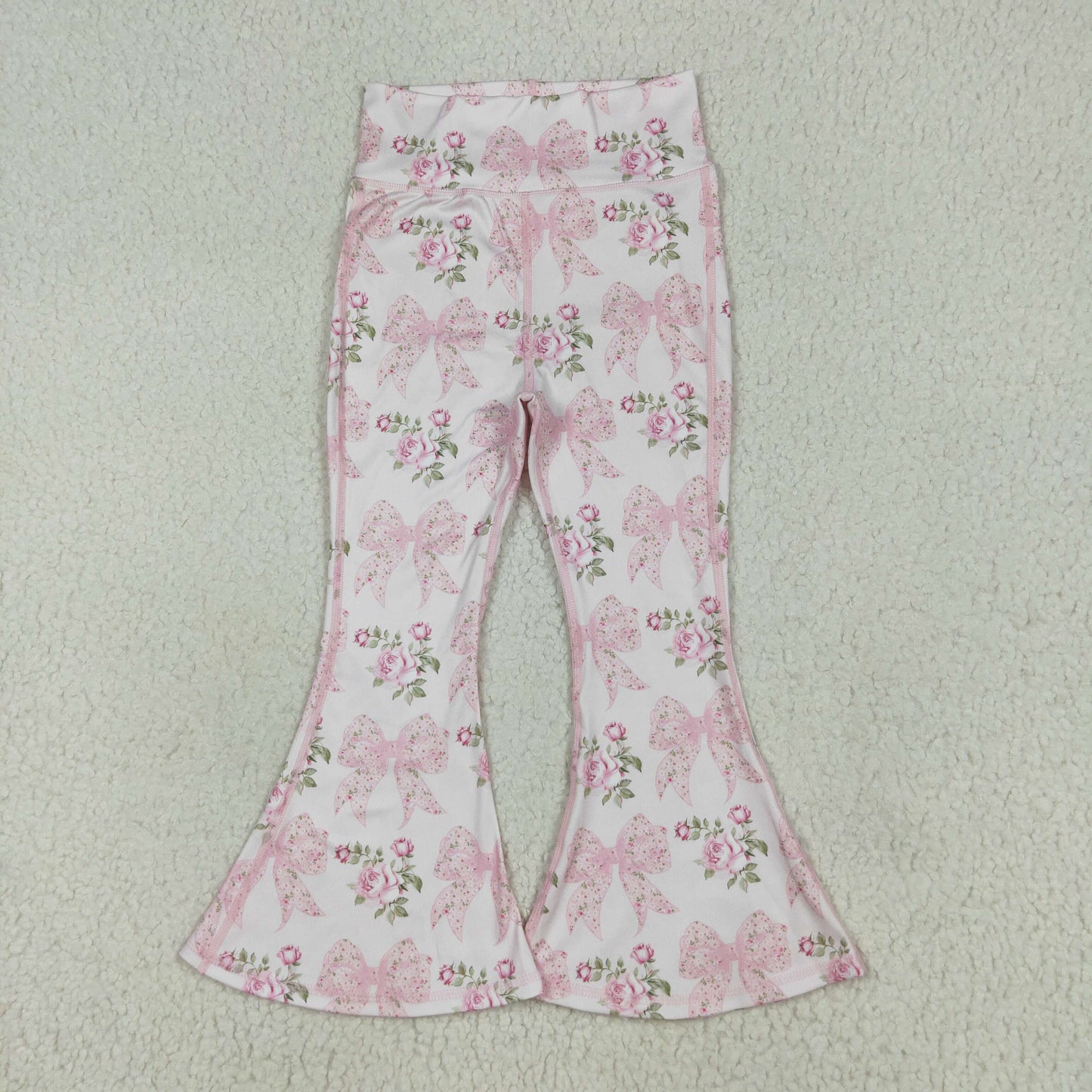 RTS NO MOQ(In Stock) P0768 Pink yoga pants with floral pattern of flowers, leaves and bows