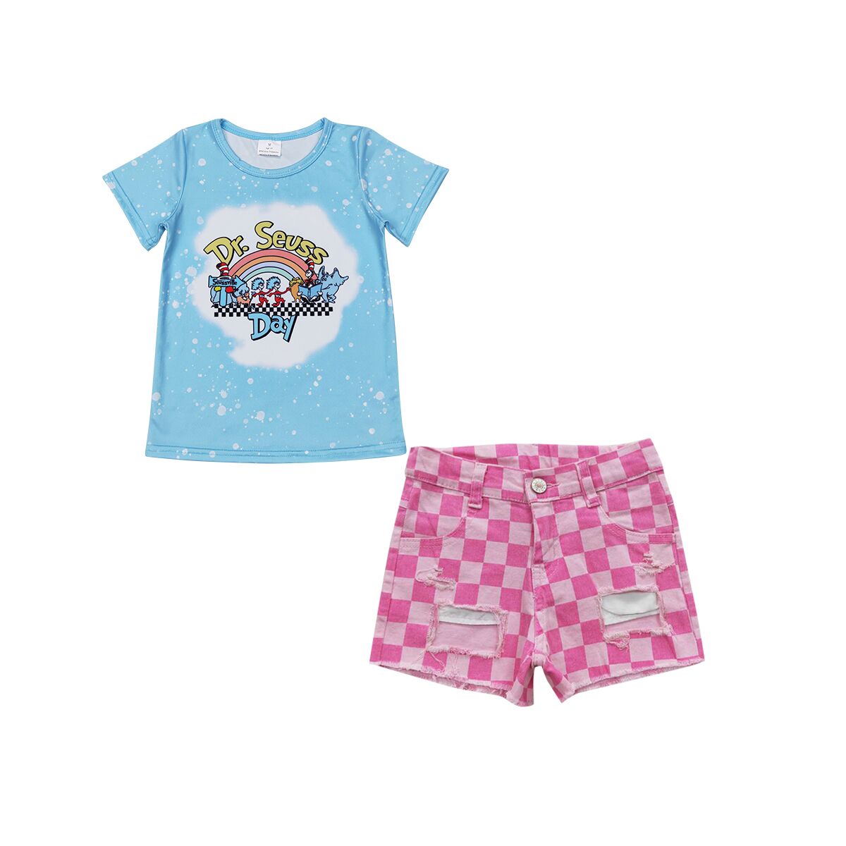 SS0092 Pink Check Denim Shorts+GT0365 dr seuss rainbow blue short sleeve top
