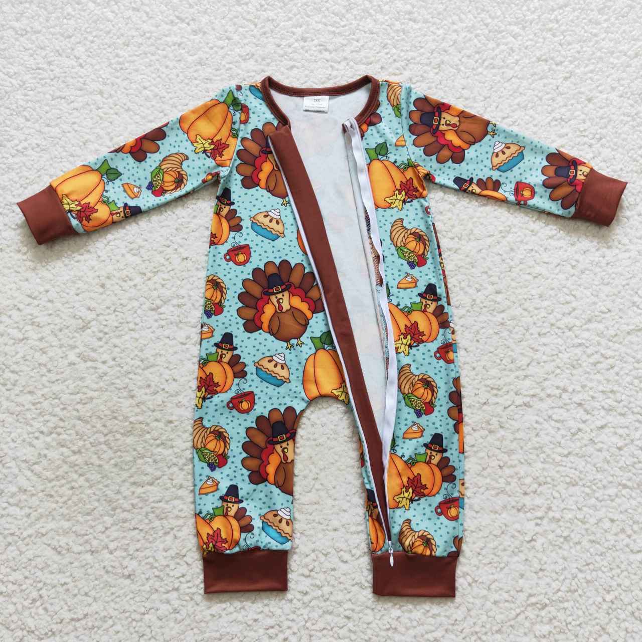 LR0581 Pumpkin Turkey Blue Brown Zip Long Sleeve Jumpsuit