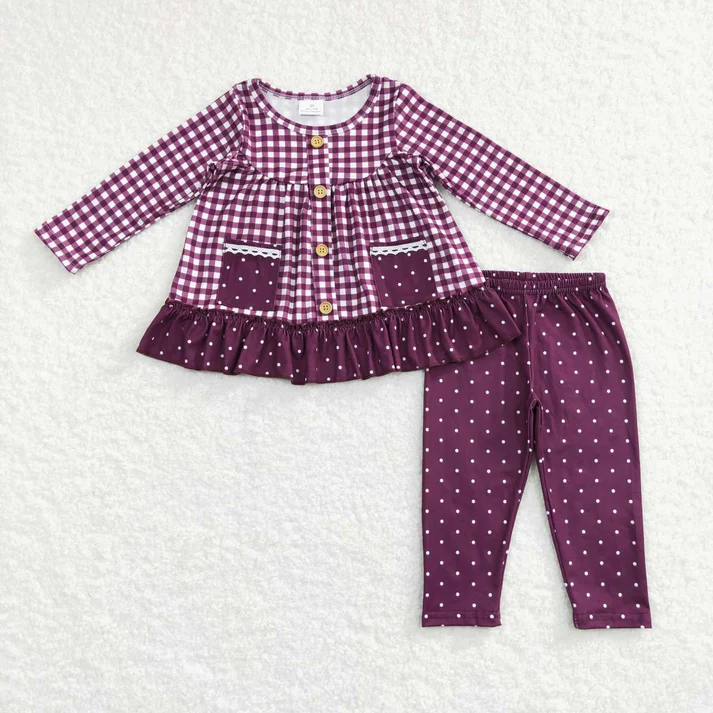 RTS NO MOQ Baby Girls Long Sleeve Checkered Fall Sibling Legging Clothing Sets