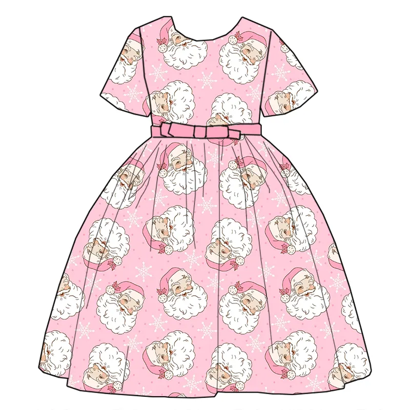 Custom moq 3 eta 7/8week moq 5 eta /4/5week Pink short-sleeved dress with Santa Claus pattern (with belt)
