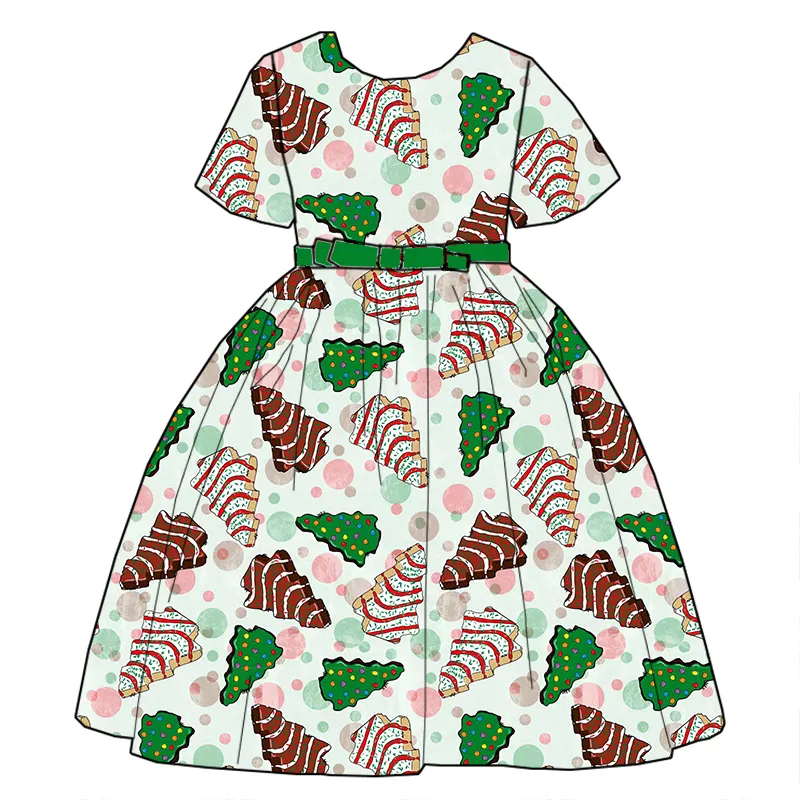 Custom moq 3 eta 7/8week moq 5 eta /4/5week Wooden striped polka dot Christmas tree pattern light green short-sleeved dress (with belt)
