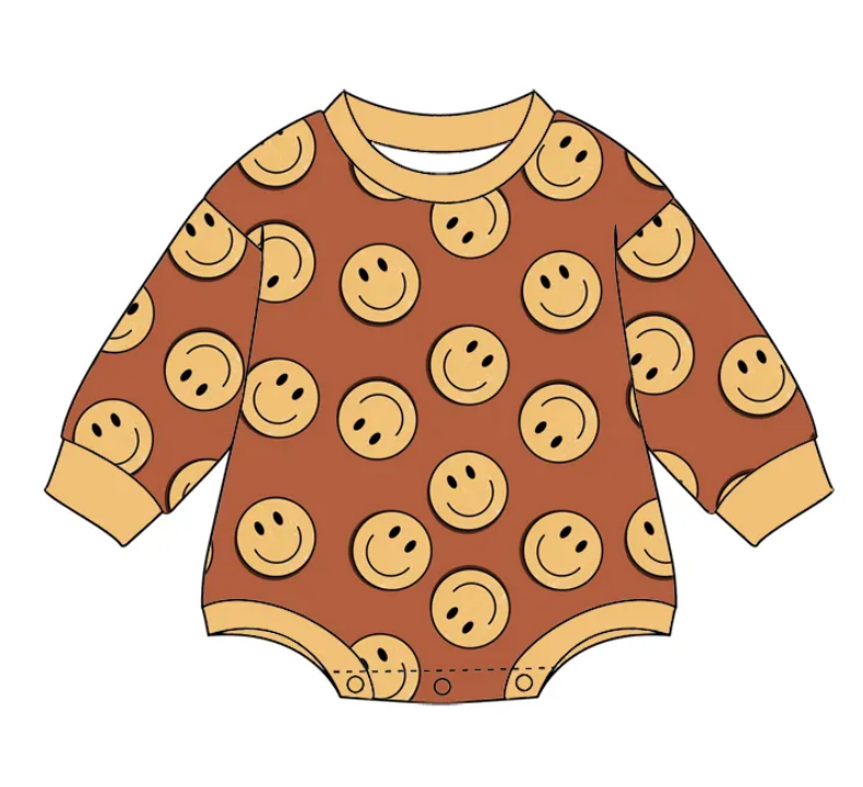 Custom moq 3 eta 7/8week moq 5 eta /4/5week Brown long-sleeved short romper with yellow smiley face pattern