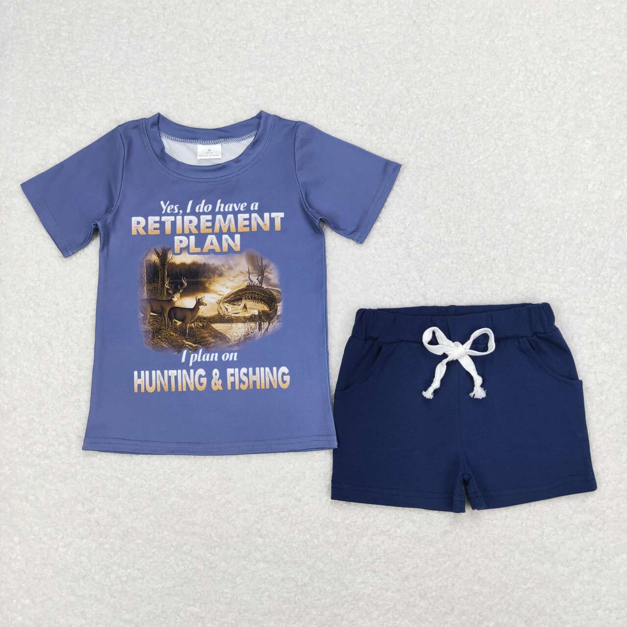 RTS NO MOQ BT0415+SS0136 hunting fishing letter blue short sleeve navy blue pocket shorts suit