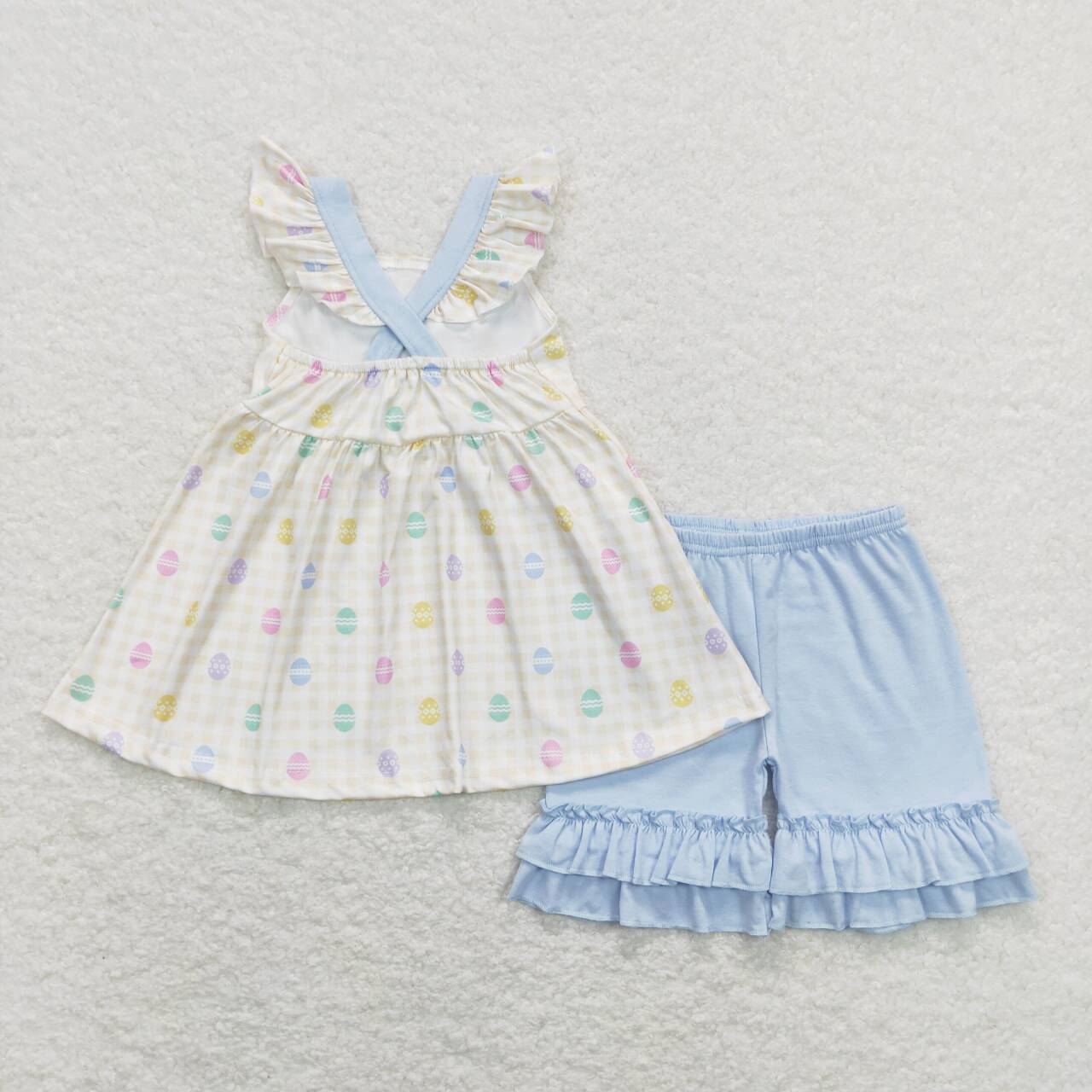 RTS NO MOQ(In Stock) Easter egg blue bow yellow and white plaid short-sleeved shorts suit