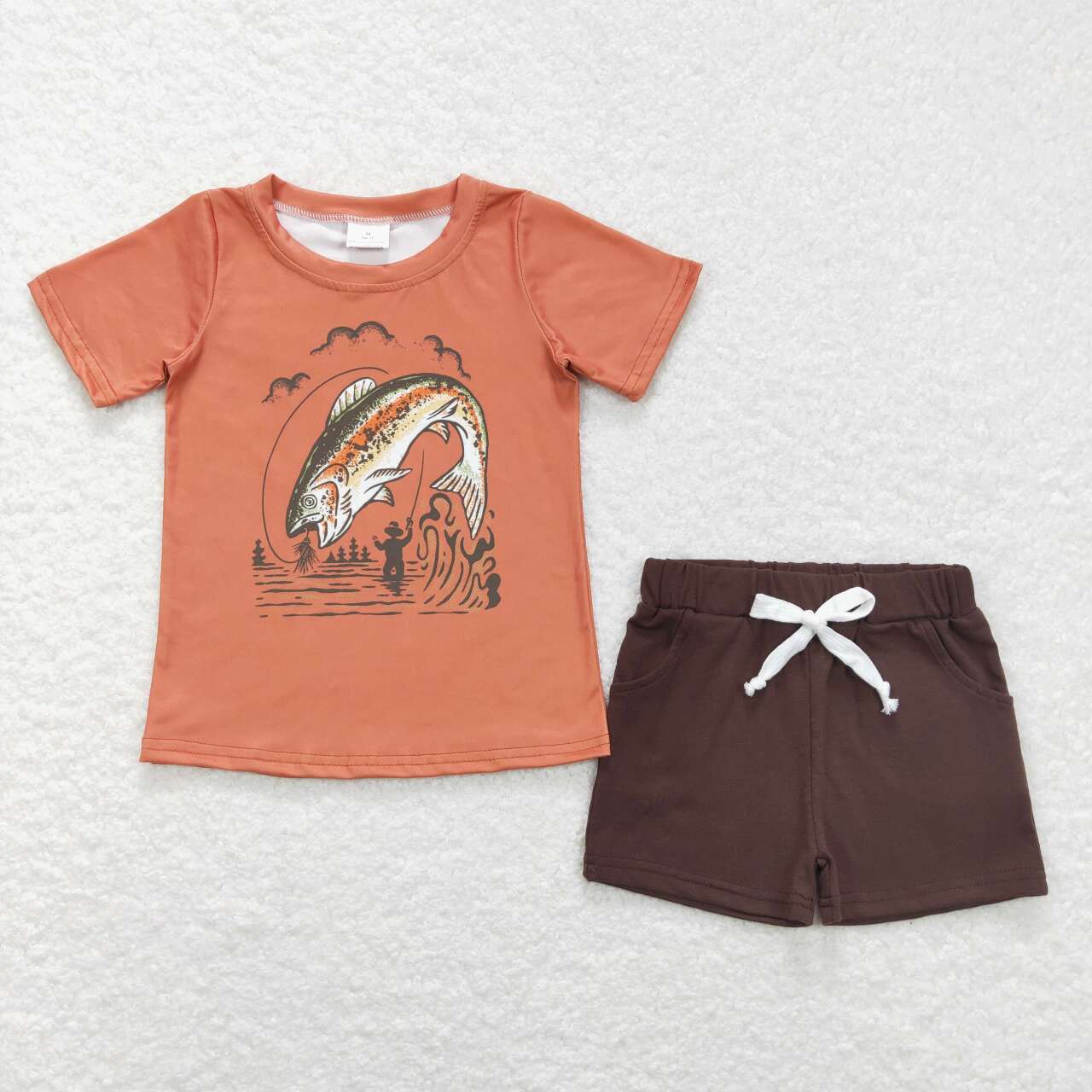 BT0507 Fishing Orange Short Sleeve +SS0134 Brown Pocket Shorts Set