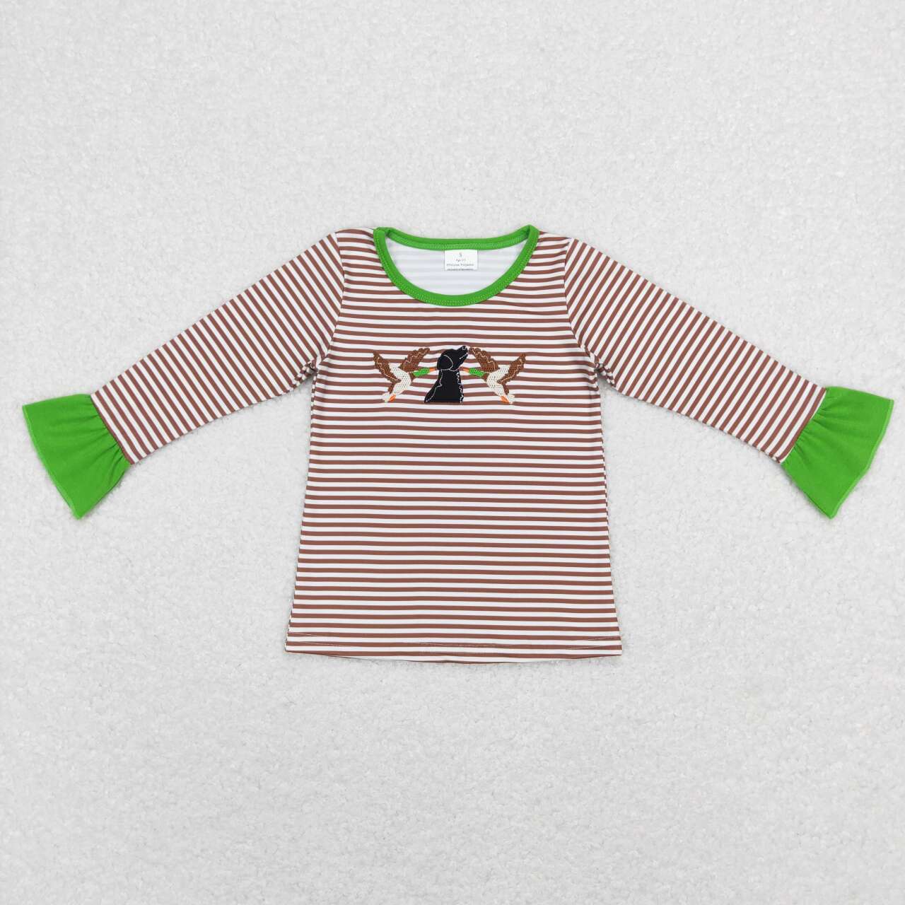 RTS NO MOQ(In Stock ) Embroidered duck puppy dark brown striped lace long-sleeved top