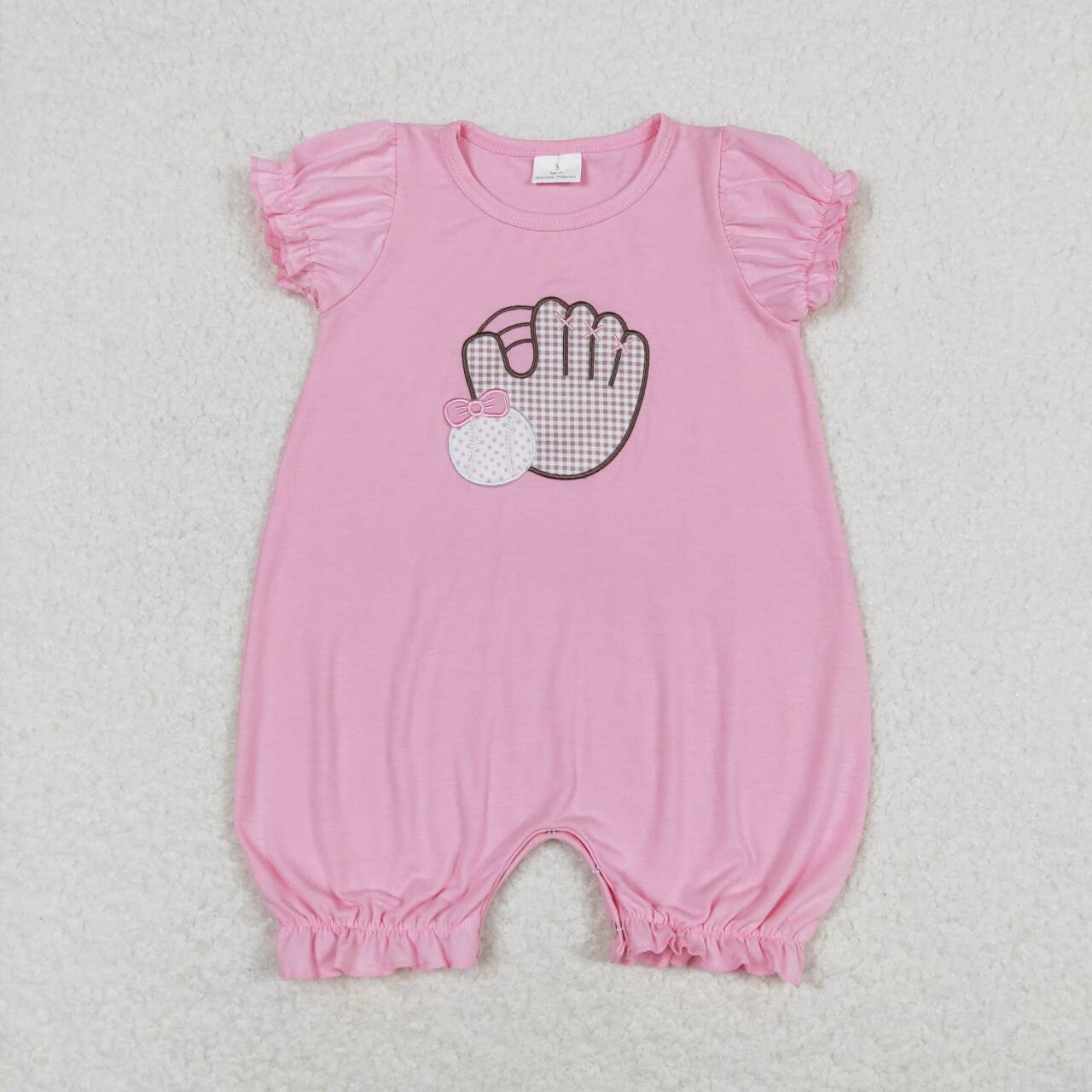 RTS NO MOQ(In Stock) Embroidered bow baseball glove pink short-sleeved jumpsuit
