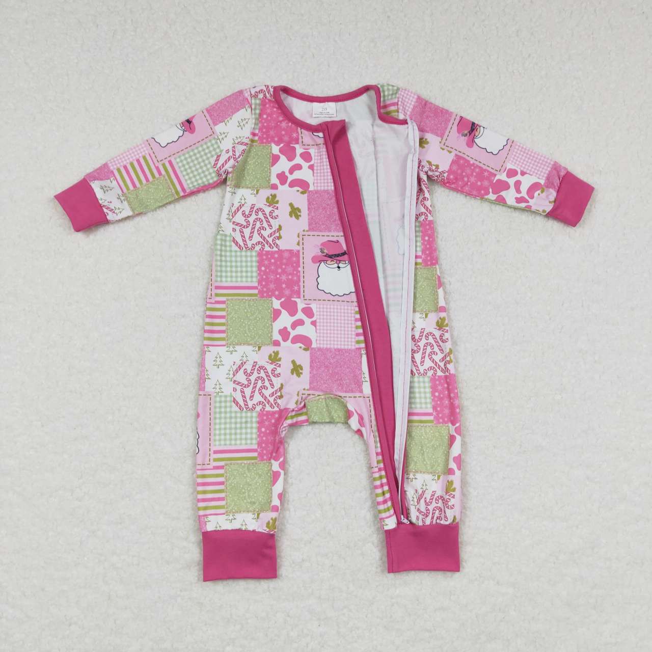LR0722 Santa pink and green plaid zipper long-sleeved jumpsuit