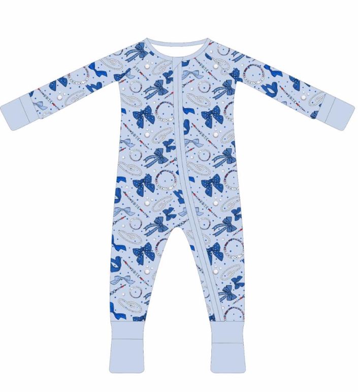 Custom moq 3 eta 7/8week moq 5 eta /4/5week Pearl necklace jewelry bow pattern blue long zip-up jumpsuit