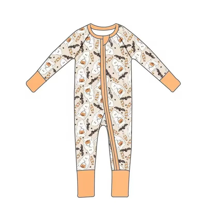 Custom moq 3 eta 7/8week moq 5 eta /4/5week Pumpkin Imp Bat-Through Pattern Light Orange Long Zipper Romper