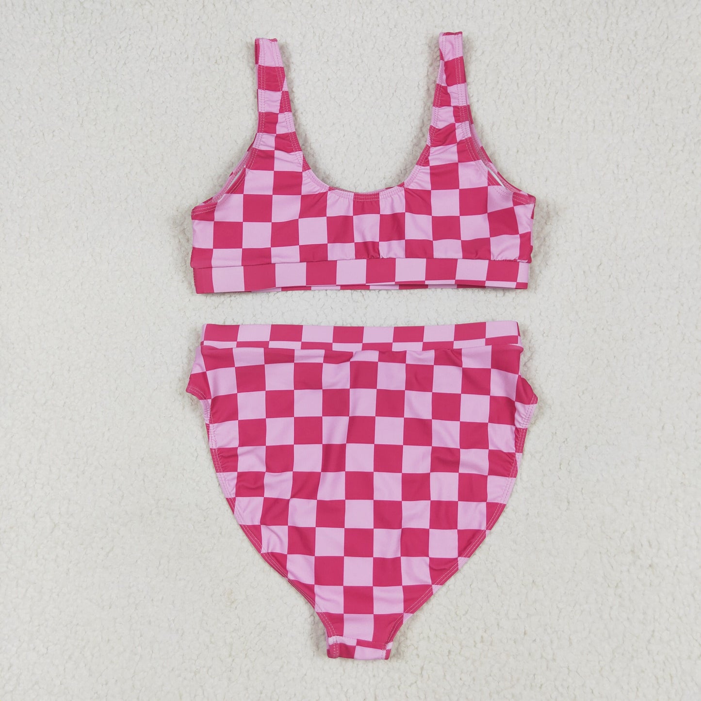 RTS NO MOQ S0560+S0561 Adult female rose red plaid swimsuit vest briefs sets