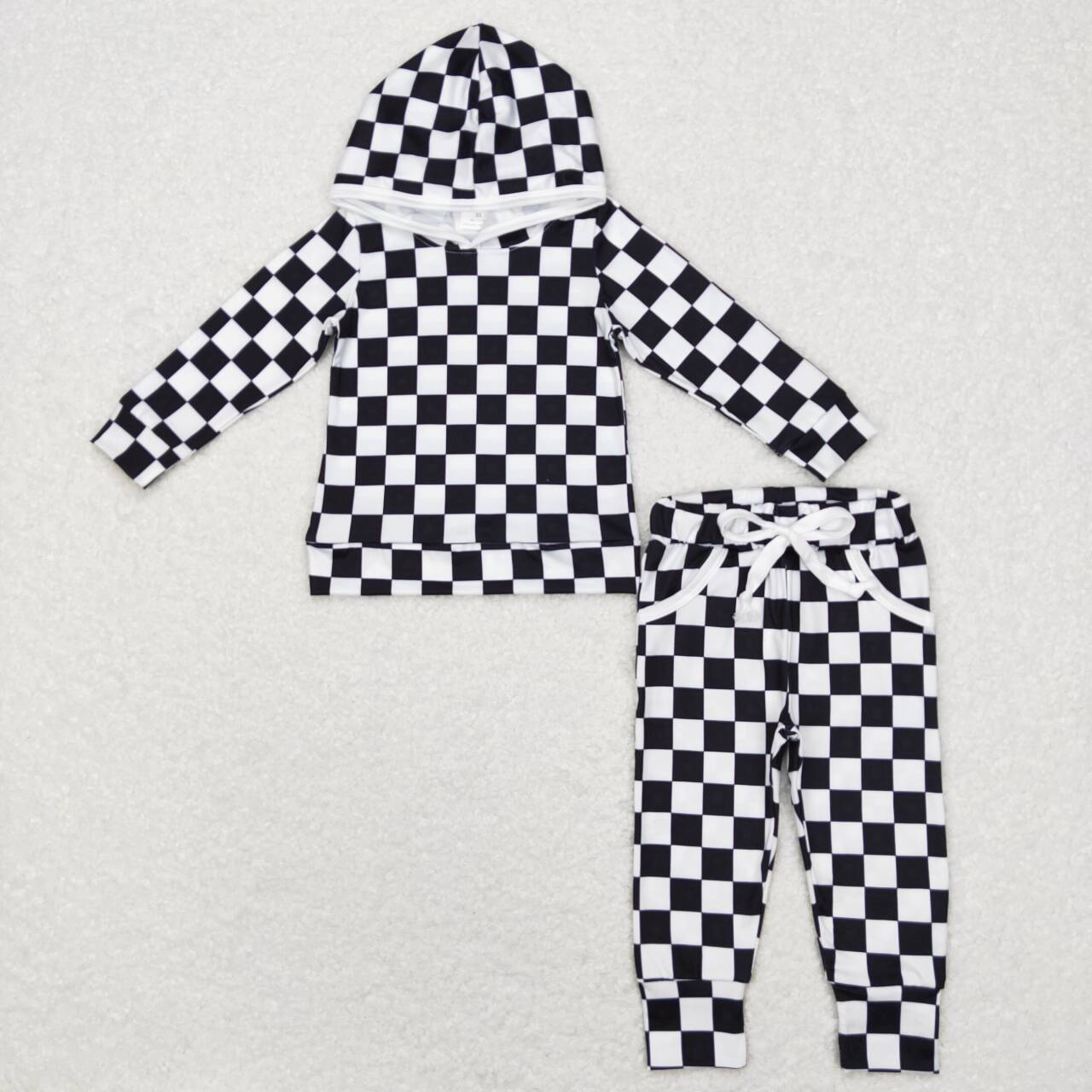 BLP0434 Black and white plaid hooded long-sleeved trousers suit